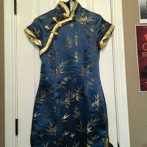 girls blue with gold leaves chinese style dress